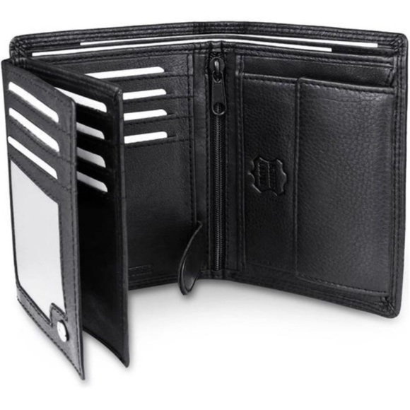 Nappa Leather Wallet 15 card slots Trifold with RFID Protection Black For Men